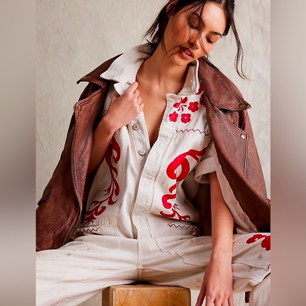 We The Free Cream and Red Floral Jumpsuit